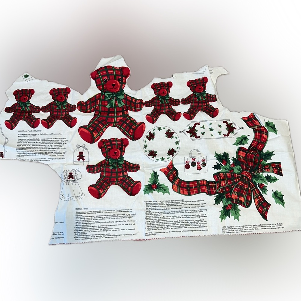 💥Vintage Tartan Plaid Teddy Bear Christmas Holiday Fabric Panel Floral Ribbon
